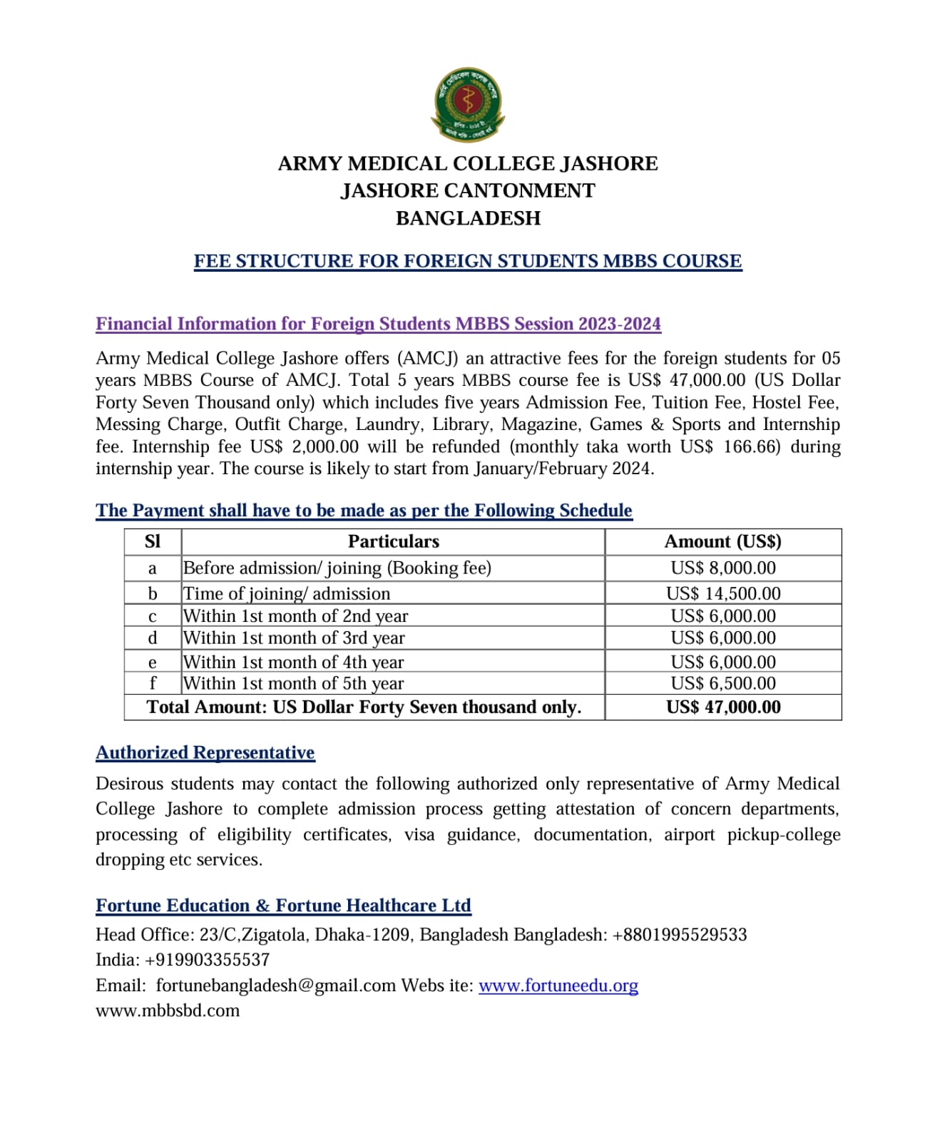 MBBS Fee Structure of Army Medical Colleges in Bangladesh for International Students 