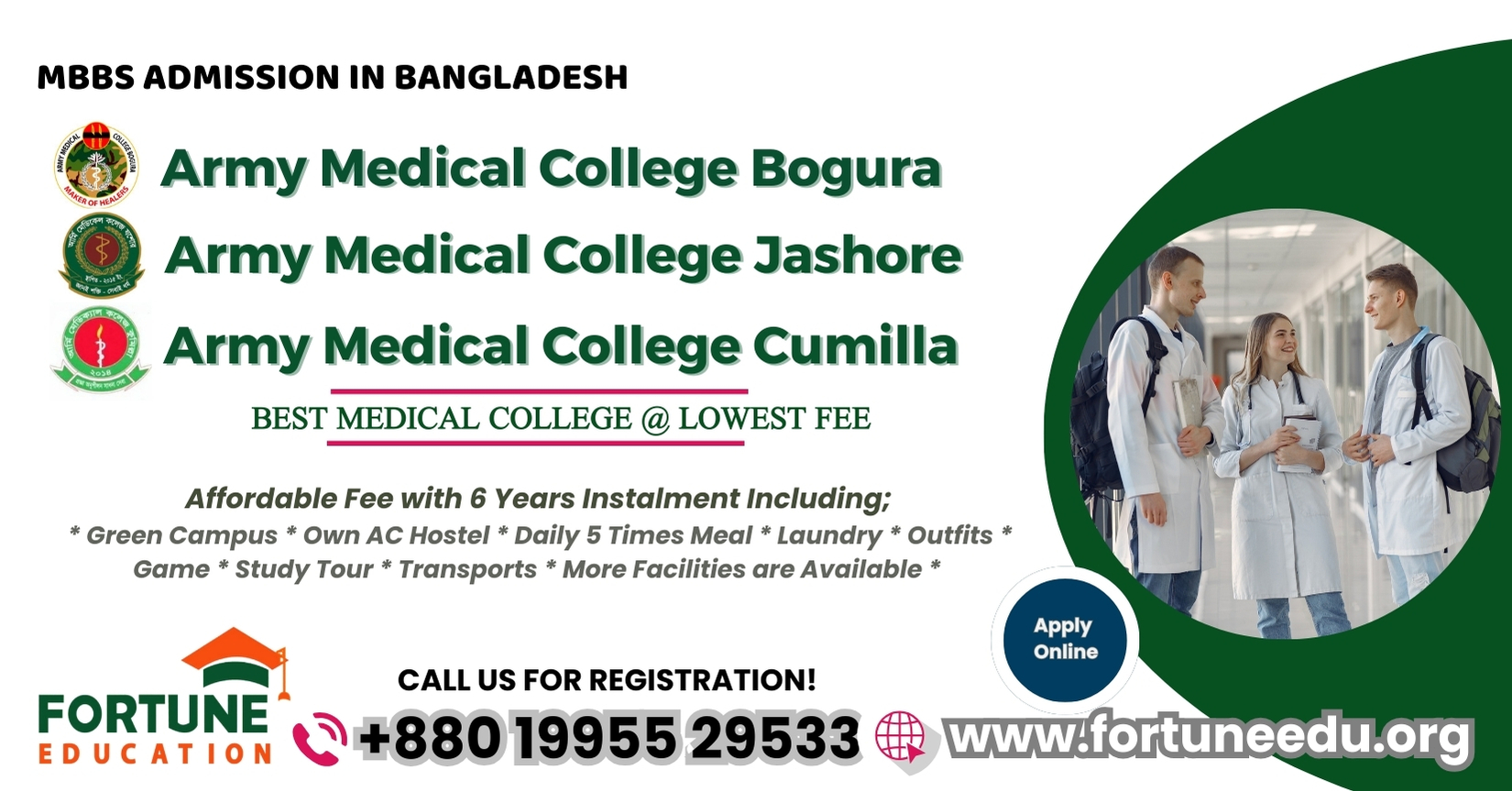 Facilities at Army Medical Colleges in Bogura, Cumilla, and Jashore